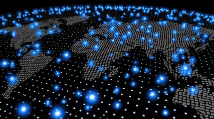 A digital globe with bright blue nodes highlighting global connectivity