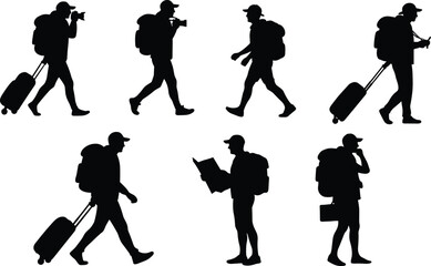 Travelers with backpacks, cameras, luggage, and maps – sightseeing, solo travel, vacation, adventure tourism, airport commute, exploring destinations.