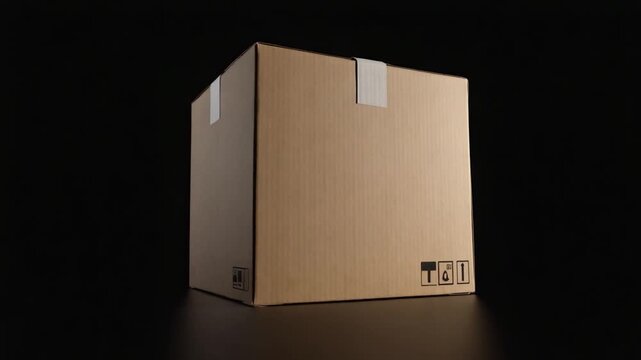 A cardboard box, light beige in color, sits on a dark surface.  It has a simple, rectangular shape, with visible texture.