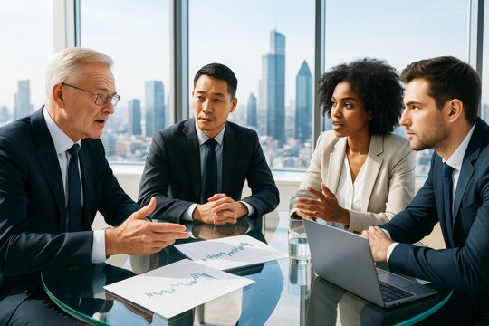 Professional business team discussing financial data in a modern office with cityscape background during daytime meeting session. Ai generative