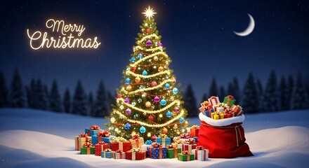 Obraz premium Magical christmas tree illuminates snowy landscape with santa's sleigh full of gifts under the moonlit sky