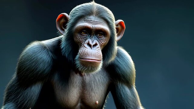 Studio portrait of chimpanzee looking ahead with detailed fur texture and expressive face under neutral background