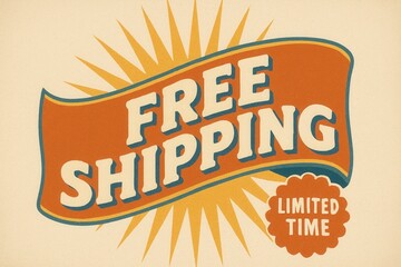 Vintage banner featuring FREE SHIPPING and LIMITED TIME offer, retro style, appealing retail promotion discount.