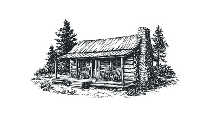 Log cabin with rocking chairs and pine trees. Vector hand drawn illustration
