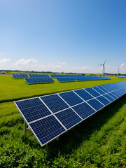 Solar panels gleam expansively amidst lush green fields a bright countryside renewable energy source clean power
