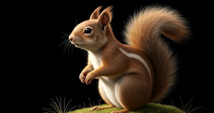 A detailed illustration of a squirrel perched atop a mossy knoll against a dark background.