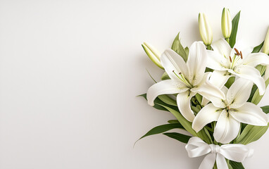 Fototapeta premium Elegant white lily bouquet with green leaves and ribbon on a light background, top view.
