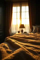 Fototapeta premium Neatly made bed in warmly lit cozy bedroom.