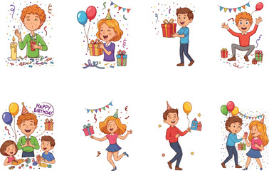 Happy kids celebrating birthday party, balloons, gifts, cake, confetti, fun games, festive decorations, joyful moments, cartoon children illustration