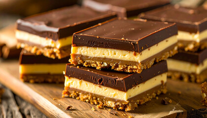 Stacked Nanaimo bars with distinct layered texture, chocolate, custard and base. Tasty food.