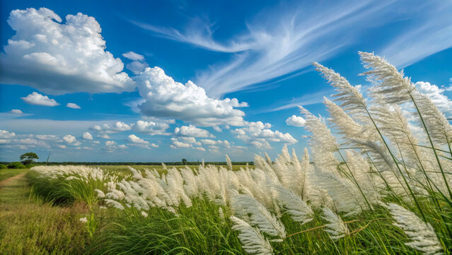 White Kans Grass Plumes Swaying Under Blue Sky, Autumn Countryside Landscape.
