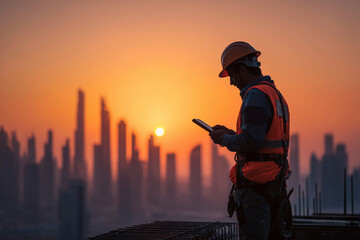 Fototapeta premium Construction worker wearing safety gear using tablet on site with city skyline at sunset in the background