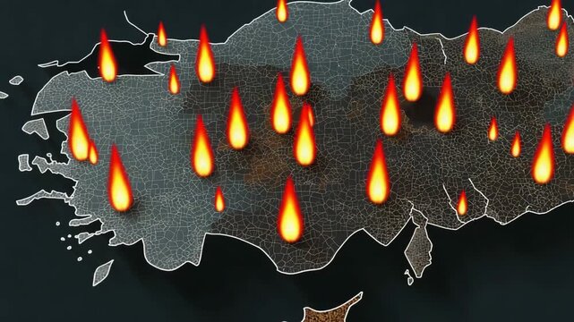 A map of Turkey with many fires on it. The fires are spread out across the country. Minimal infographic map of Turkey with fire icons marking burned areas, Turkey wildfires clean muted