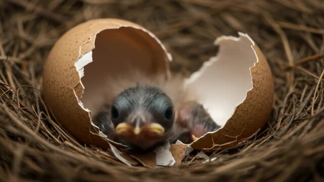 Newborn bird hatching from egg in nest close up portrait