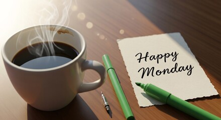 Morning coffee and 'happy monday' note inspiring a productive start to the week