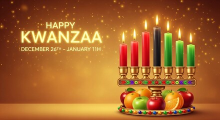 Happy kwanzaa celebration with kinara lit candles and fruits in warm golden tones with subtle bokeh