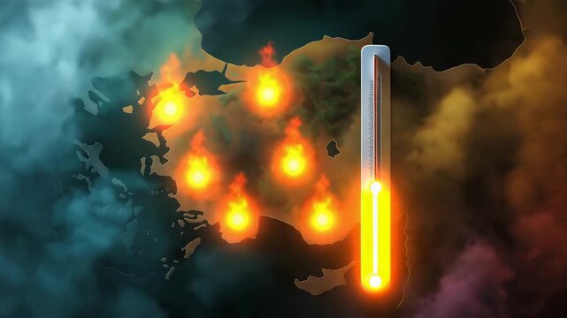 A thermometer is shown in front of a map of the world. The thermometer is in the middle of the map. Minimal conceptual of thermometer, Turkey map, and fire overlay, climate wildfire concept