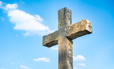Religious cross, blue sky, Metzgerskreuz at Pulsberg, city of Trier, catholic religion, Moselle Valley, Germany