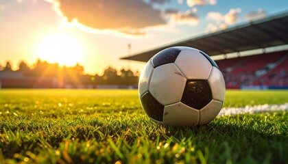 Fototapeta premium Soccer ball on a stadium field at sunset