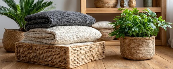 Cozy home workspace with minimalist concept. Cozy home interior with blankets and lush green plants.
