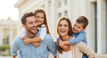 Obraz premium Joyful Family Moments A Father and Mother Give Piggyback Rides to Their Children While Smiling and Laughing In Front of a Building on a Bright Day