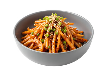 A bowl of vibrant, spicy, and savory Korean side dish, piled high with thinly sliced vegetables and garnished with sesame seeds and green onions.