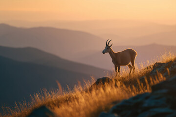 Mountain goat standing on rocky slope during golden sunset with layered mountain landscape in the background