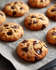close-up of chocolate chip cookies on baking tray, isolated on white background