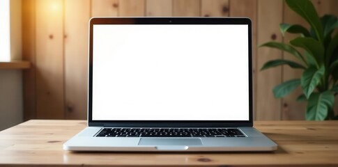 Fototapeta premium Open laptop, blank screen, wood grain backdrop, soft illumination , brown, light, surface