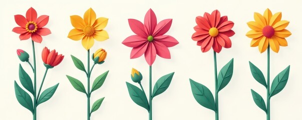 Fototapeta premium Bright, flat flower icons; diverse shapes & colors , pastel, happy
