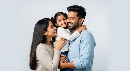 Fototapeta premium Loving Indian family moment with father mother and daughter sharing a heartfelt hug and creating beautiful memories against a bright background representing warmth and affection