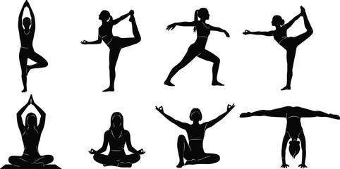 Yoga Woman Silhouettes in Various Poses Including Tree, Dancer, Warrior, Lotus, Meditation, and Handstand for Fitness and Wellness