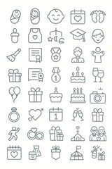 A comprehensive thin line icon set illustrating major life events and celebrations, from birth and graduation to weddings and birthdays