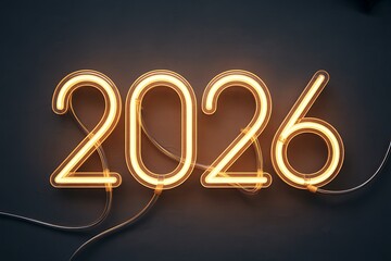 Shining neon "2026" numerals glow with warmth, announcing future success and modern ambition.