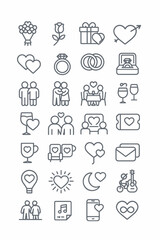 A versatile set of thin line icons symbolizing love, romance, and relationships. Includes symbols for dating, engagement, and weddings