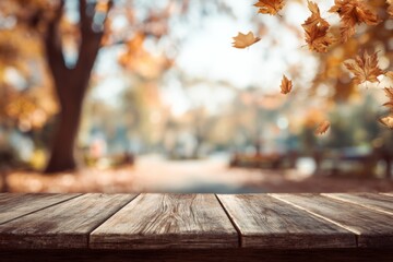 Wooden tabletop in sharp focus with blurred autumn park background, symbolizing seasonal lifestyle and leisure.