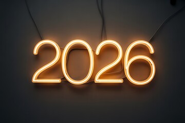 Bright glowing neon '2026' sign illuminates dark background, signaling future opportunities