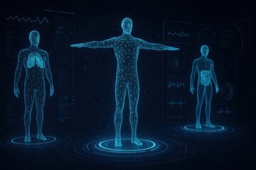 A futuristic digital scan of human anatomy showing organs and body structure with advanced virtual holographic visualization interface.
