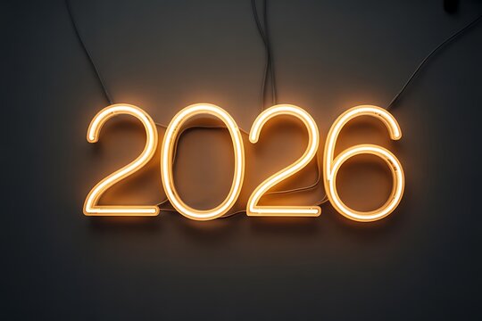 Bright glowing neon '2026' sign illuminates dark background, signaling future opportunities