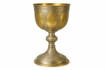Ornate golden silver chalice featuring detailed engraved patterns, symbolizing historical religious craftsmanship against transparent backdrop