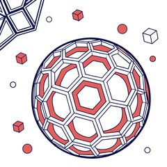 Vector art of geometric sphere with hexagonal pattern and cube shapes, , creating an abstract and modern design with a futuristic concept for science and technology