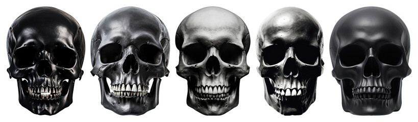Obraz premium PNG Five realistic black skulls, element set on transparent background