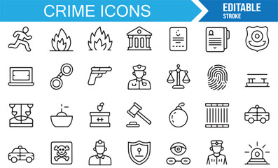 Collection of editable stroke crime icons with law enforcement, evidence, and security elements