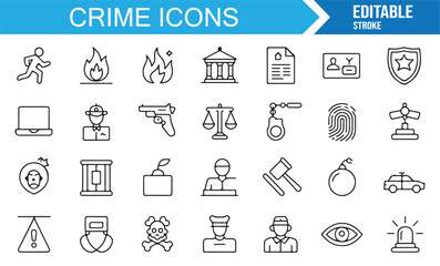 Crime and justice icon set in linear outline style including outlaw, punishment, and investigation