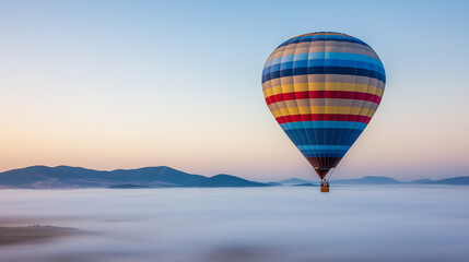 Naklejka premium Fantastic Frontiers: Hot Air Balloon Drifting Over Autumn Sea of Mist, Immersive Appeal Landscape, Surreal Sunrise View
