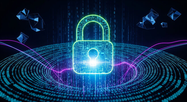 Glowing padlock surrounded by digital code and abstract geometric shapes, symbolizing security and data protection.