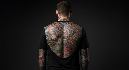 黒背景、翼のタトゥー、静謐な背姿