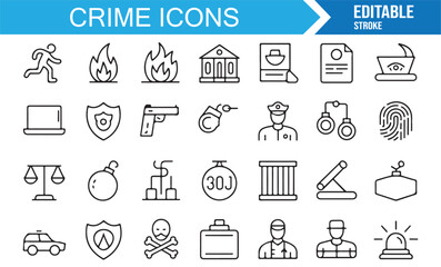 Modern line art crime icons featuring law, jail, suspect, cybercrime, and justice enforcement