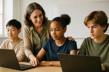 Teacher guiding diverse students using laptops in classroom with light background, promoting education, learning and digital mind development concept. Ai generative