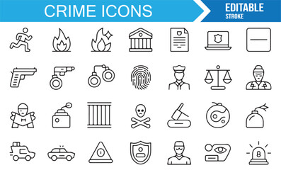 Editable vector crime icons including police officer, hacker, courthouse, and criminal activities